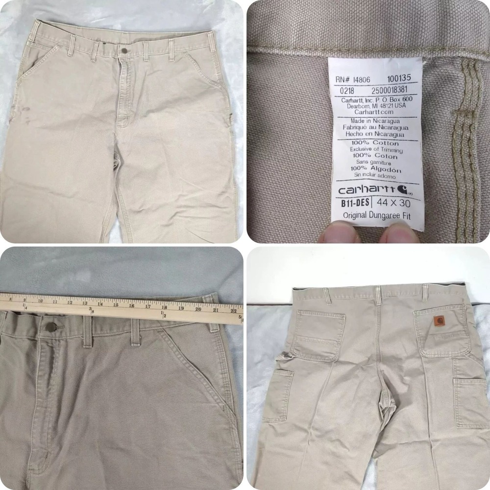 Carhartt Baggy Pant Men 44x30 Cream Carpenter Dungaree Wide Boot Washed Duck VTG